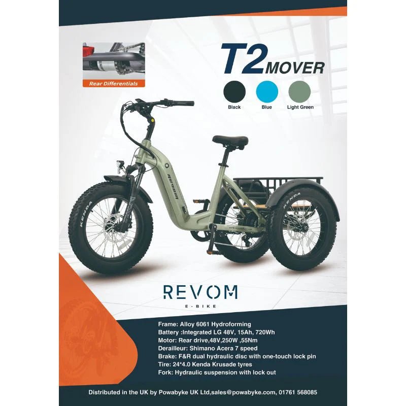 Revom T2 Fat Tyre Cargo Electric Mountain Trike 250W - BikeVentures