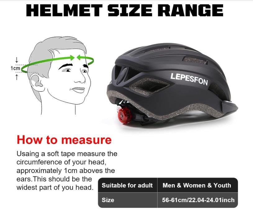 LEPESFON Bike Helmet. Size 56-61cm Adjustable. Lightweight. Breathable. With Rear Light - BikeVentures