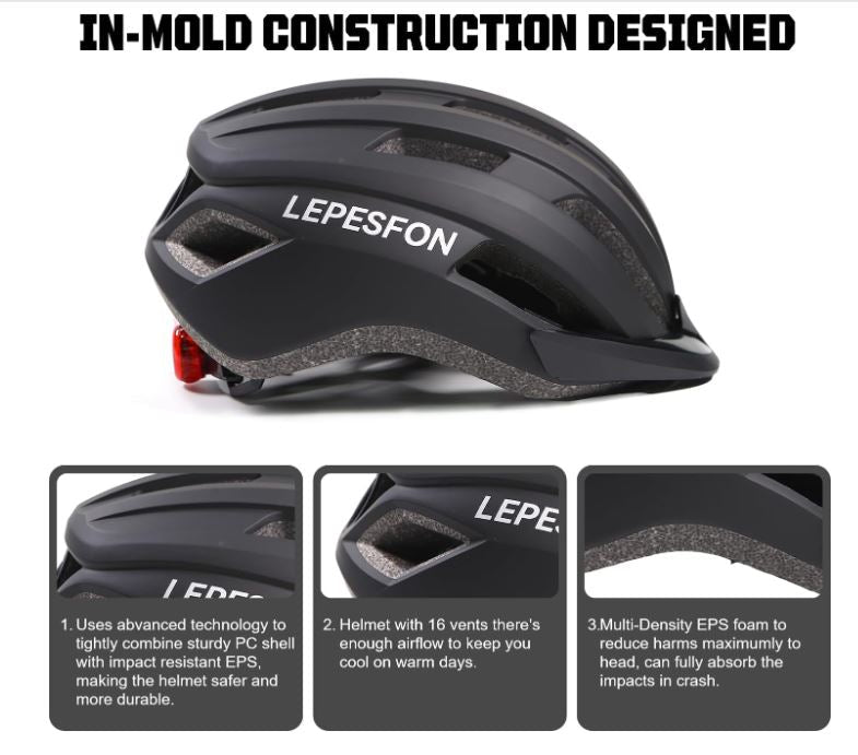 LEPESFON Bike Helmet. Size 56-61cm Adjustable. Lightweight. Breathable. With Rear Light - BikeVentures