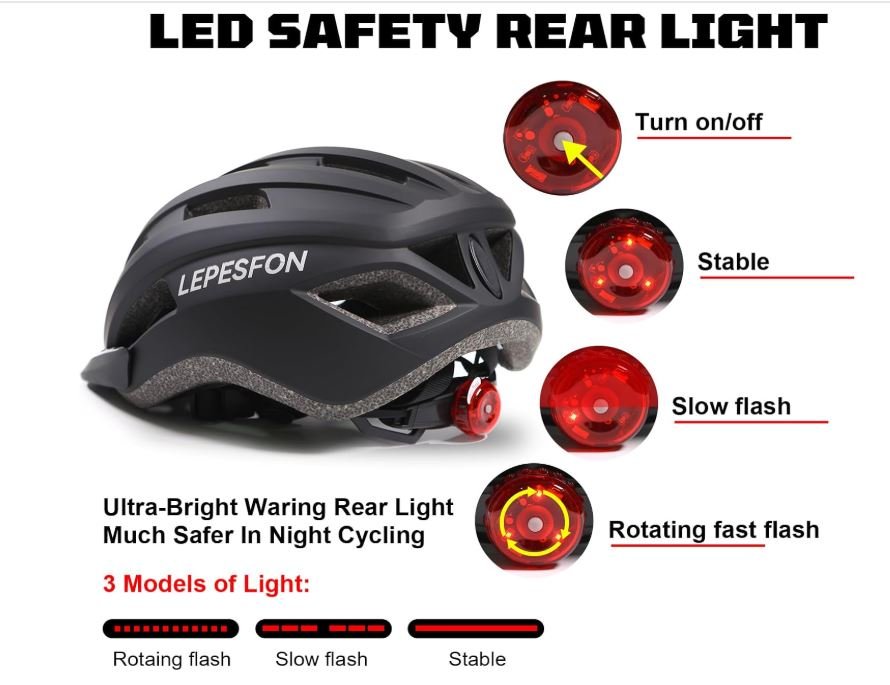 LEPESFON Bike Helmet. Size 56-61cm Adjustable. Lightweight. Breathable. With Rear Light - BikeVentures